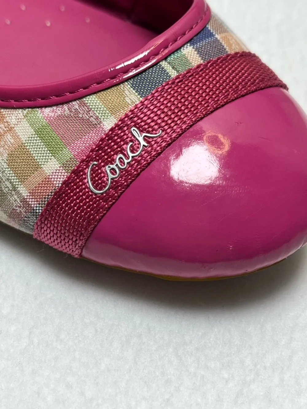 Coach Pink Plaid Cap-Toe Ballet Flats with Logo Ribbon - Picture 4 of 13